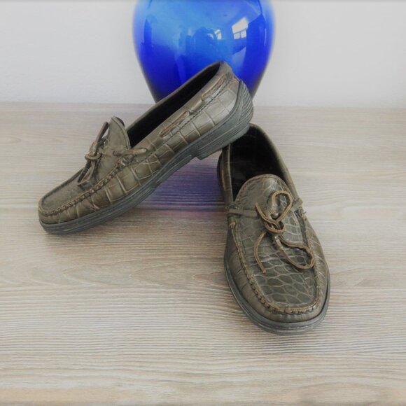Talbots Leather GROMMUS Olive Army Green Croc Reptile Loafers Size 5 - Picture 1 of 14